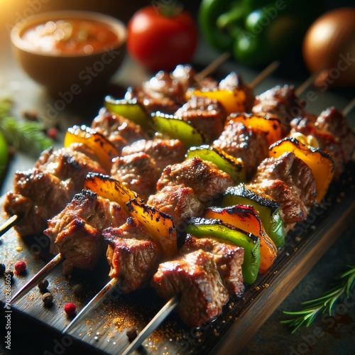 Grilled meat shish kebab with vegetables on skewers