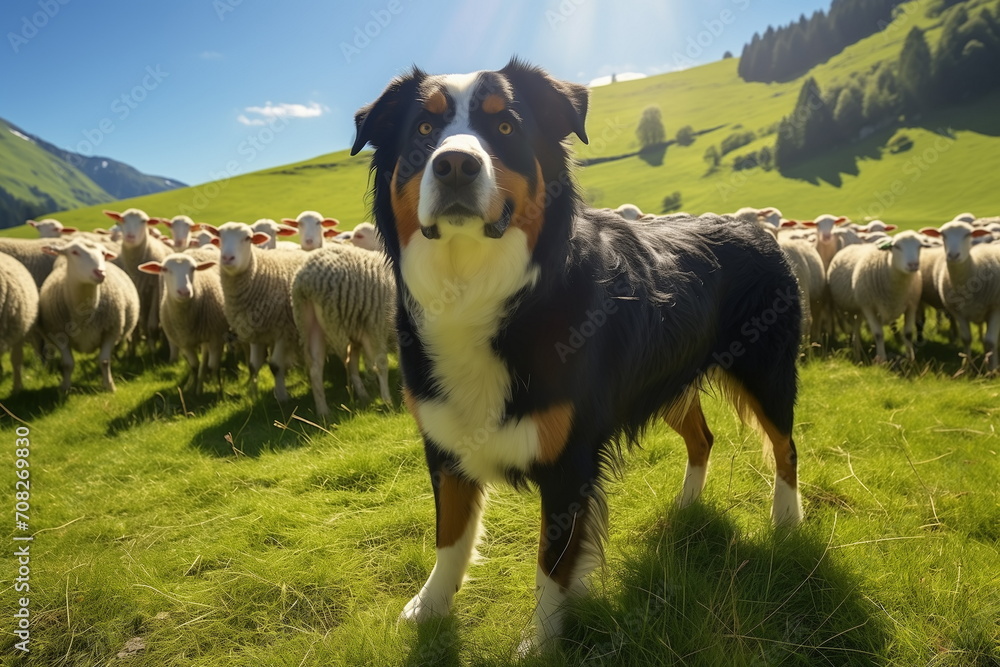 Alert dog of swiss mountain dog or sennenhund breed herding and guarding a flock of sheep at sunny highlands pasture with green grass.	