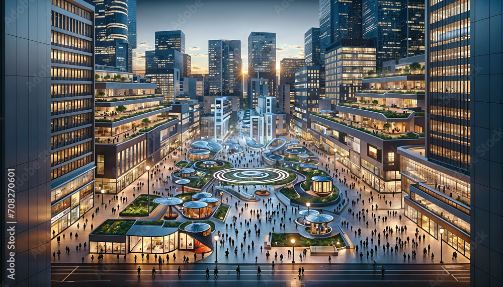 Fototapeta premium Futuristic Urban Public Square in the Evening