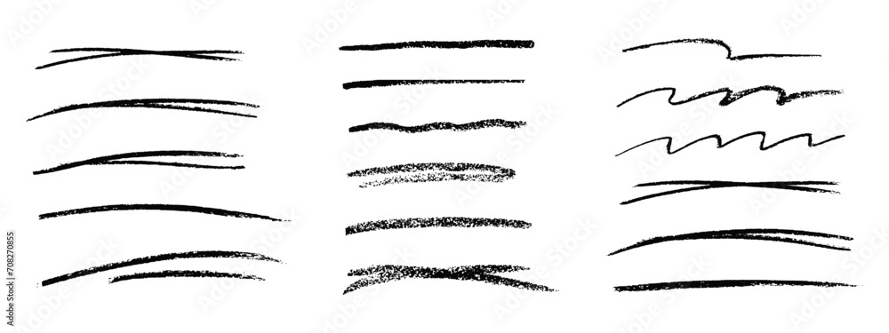 Charcoal strokes. Set of black hand drawn brush lines different forms on white background. Rough charcoal strokes. Collection of vector grunge brushes. Vector horizontal chalk lines drawn by hand.