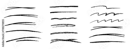 Charcoal strokes. Set of black hand drawn brush lines different forms on white background. Rough charcoal strokes. Collection of vector grunge brushes. Vector horizontal chalk lines drawn by hand.