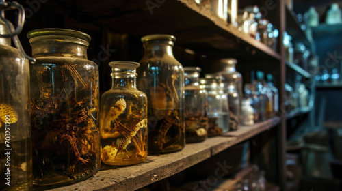 The shelves were also filled with jars containing creatures preserved in strange liquids, their distorted bodies hinting at the sorcerers dark experiments and twisted creations. Fantasy art © Justlight