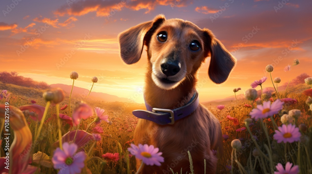 A dachshund playfully exploring a field of wildflowers under a bright and colorful sunset.