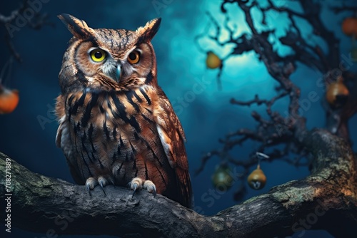 owl sits on a tree branch at night

