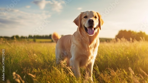 A golden retriever standing in a lush green meadow, bathed in warm sunlight, with a clear blue sky above.