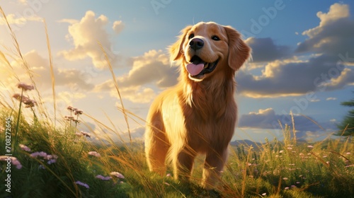 A golden retriever standing in a lush green meadow, bathed in warm sunlight, with a clear blue sky above.