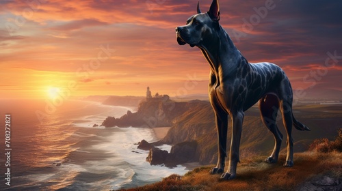 A Great Dane standing majestically on a cliff, overlooking the vast expanse of the ocean at sunset.