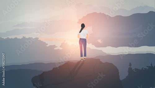 A young woman stood on a rock happily looking at the sunrise. Freedom concept. Happiness image. Vector illustration.