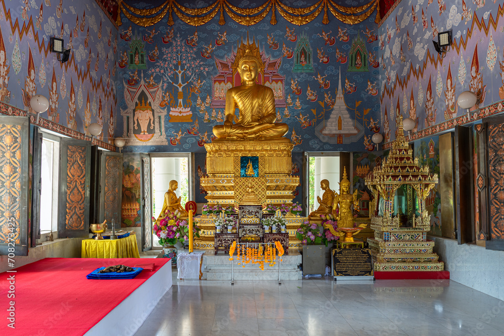 Interior of the Ubosot of Wat Kaeo Korawaram in Krabi Town. The Buddhist temple is a third-class royal monastery and provincial temple. The most sacred building is the ordination hall called Ubosot