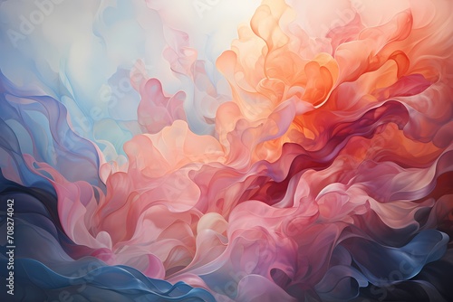 Soft peach and celestial blue liquids merging in a gentle embrace, resulting in a dreamy and enchanting abstract wallpaper with ethereal textures.