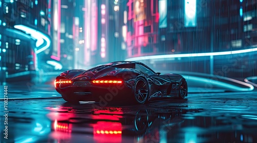 An electric classic convertible driving through a futuristic city at night created with Generative AI Technology photo