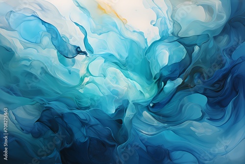 Swirling azure and emerald liquids dancing in harmony  creating a mesmerizing abstract wallpaper
