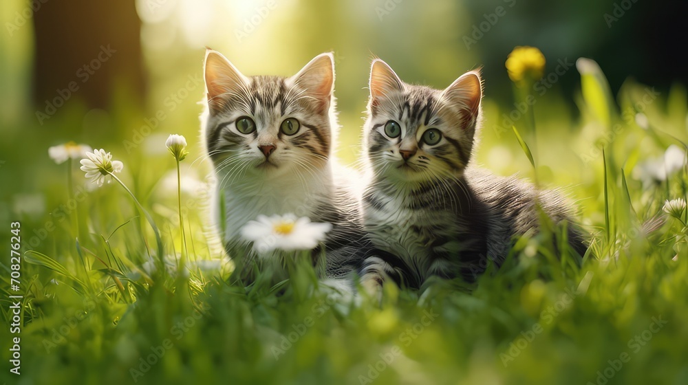 cute cats on green grass close up blurred background