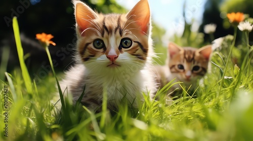 cute cats on green grass close up blurred background © toha