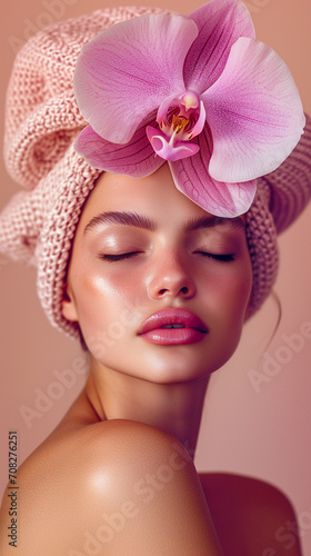 Solo celebration of Valentine's Day, with focus on self-love, self-care, beautiful woman is relaxing in a spa with orchard pink flower. Eyes closed, enjoying aromatherapy, facial or massage by Vita