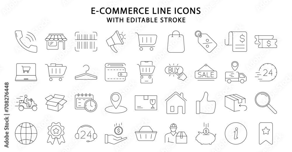 E-commerce icons. Ecommerce icon set. Line icons related to e-commerce. Vector illustration. Editable stroke.