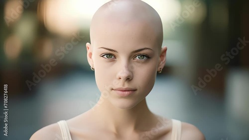 A young woman with a shaved head and tered bald spots caused by alopecia. She is a college student and feels frustrated and selfconscious in the dating scene. However, she has found someone photo