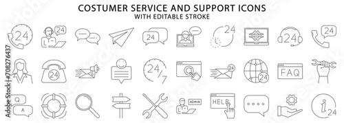 Customer service icons. Customer service icon set. Line icons about customer service. support icons. Vector illustration. Editable stroke.