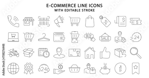 E-commerce icons. Ecommerce icon set. Line icons related to e-commerce. Vector illustration. Editable stroke.