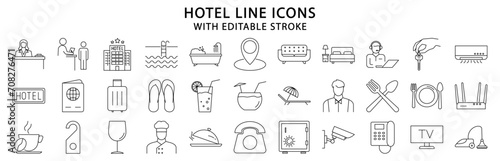 Hotel icons. Hotel icon set. Line icons related to hotel. Vector illustration. Editable stroke.
