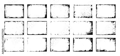 Overlay textures set stamp with grunge effect frame. Old damage Dirty frame with grainy and scratches. Set of different distressed black grain texture borders. Distress overlay vector textures.	