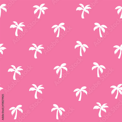 Half-drop seamless repeat pattern with ditsy white palm tree silhouettes on hot pink. Girls, young men, boys, tropical beach, shirt print and more.
