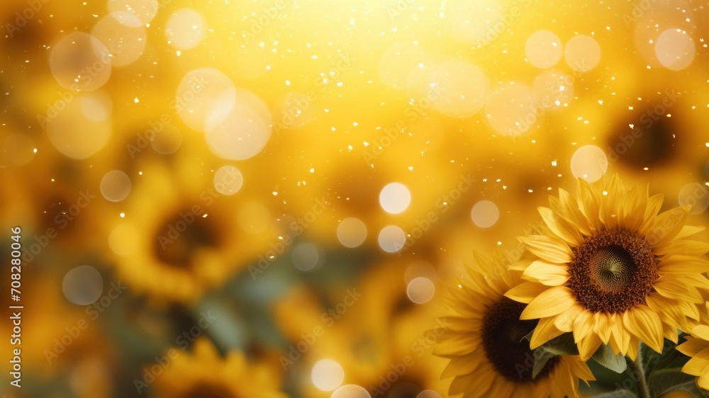 Fototapeta premium Golden Sunlight on Blooming Sunflowers with Sparkling Bokeh, Horizontal Poster or Sign with Open Empty Copy Space for Text 