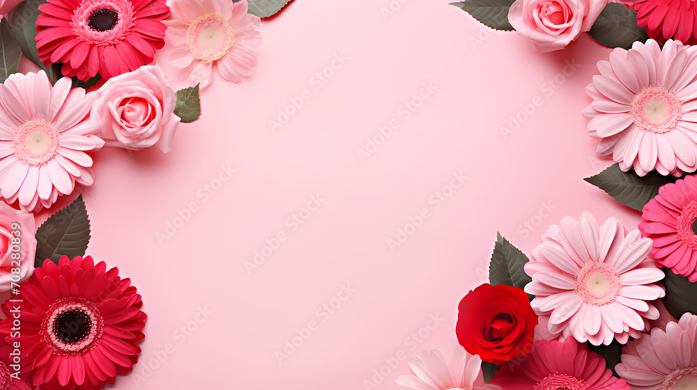 Pink rose flower composition background, decorative flower background pattern, floral border background Pink rose flower composition background, decorative flower background pattern, floral border background