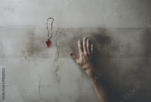 Hand on the wall trying to reach for a pendulum chain with a dowsing pendant.Minimal creative fashion juwelwry concept.Flat lay,top view,copy space.Generative Ai photo