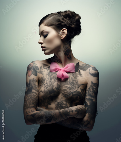 Tattooed woman who has undergone mastectomy and breast cancer treatment poses, offering support to women currently fighting the same life battle.  photo