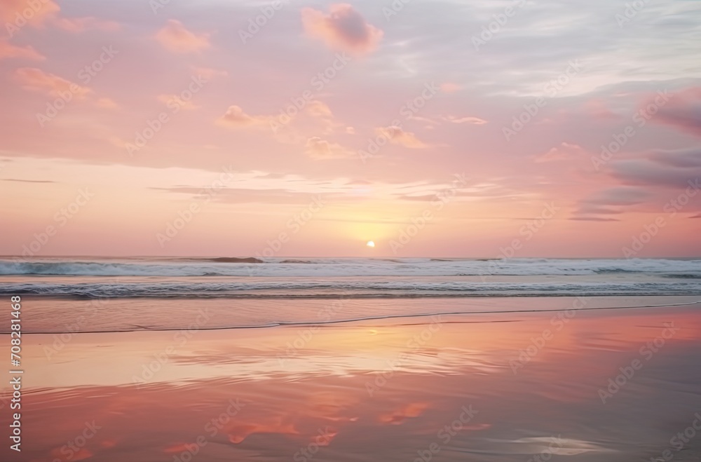 Footprints in the Sunset: Muted Tones of Tranquil Beach Serenity, a sense of calmness, with gentle waves, pastel colors, and the soothing essence of a coastal twilight,