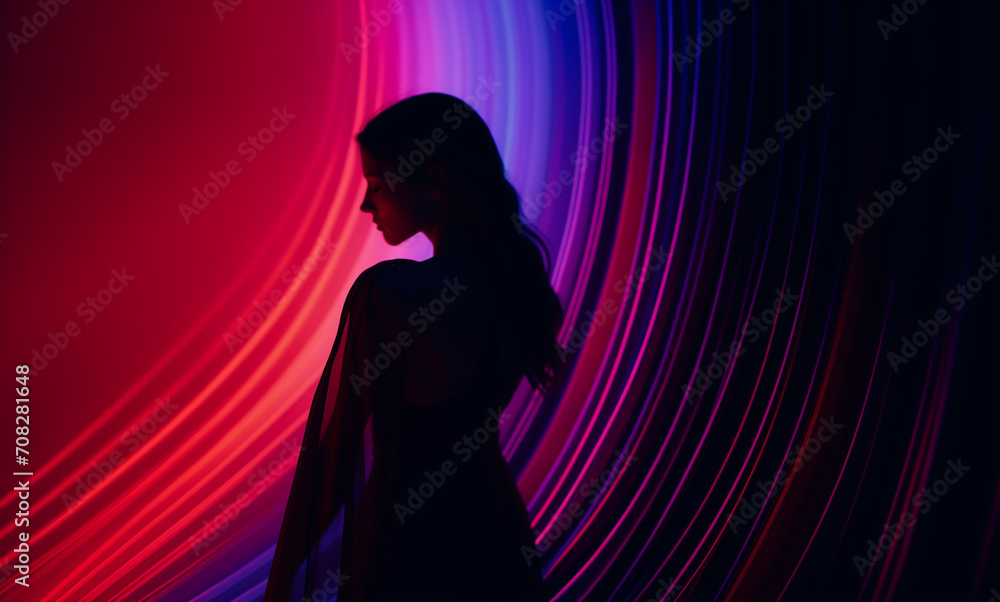 Beautiful girl under neon lights.Minimal creative fashion concept.Copy space.Generative AI