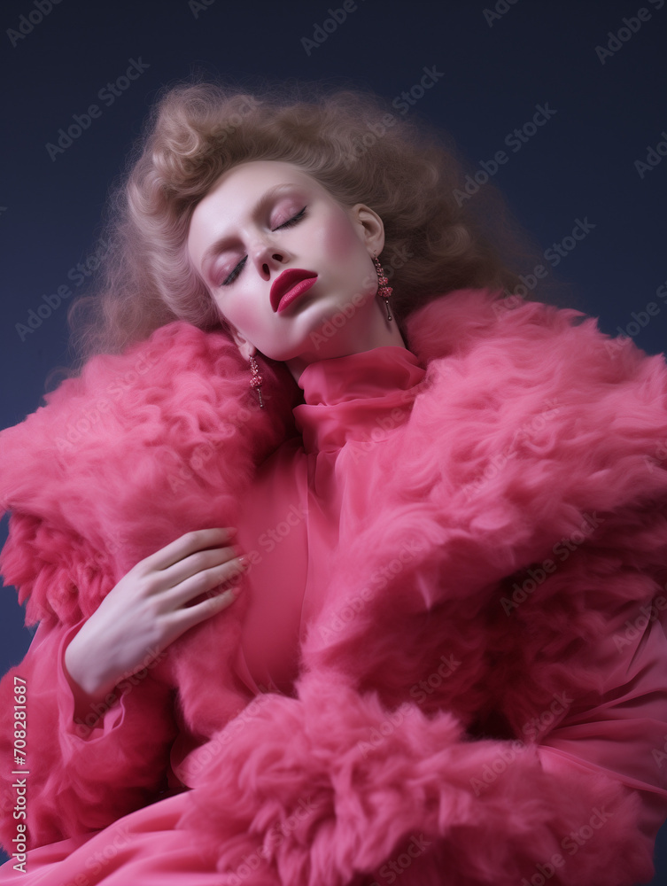 Woman in a faux fur coat. Minimalist concept for animal protection.Copy space,top view.Generative AI Woman in a faux fur coat. Minimalist concept for animal protection.Copy space,top view.Generative AI