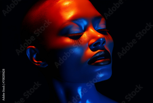 Beautiful girl under neon lights.Minimal creative fashion concept.Copy space.Generative AI © sunaiart