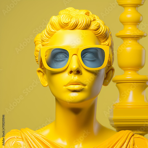 Statue with sunglasses.Minimal creative art and fashion concept.Copy space,top view.Generative AI
