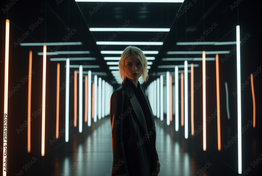 Fototapeta premium a woman in a hallway in front of neon and fluorescent lights.Minimal creative party and fashion concept.Copy space,top view.Generative AI