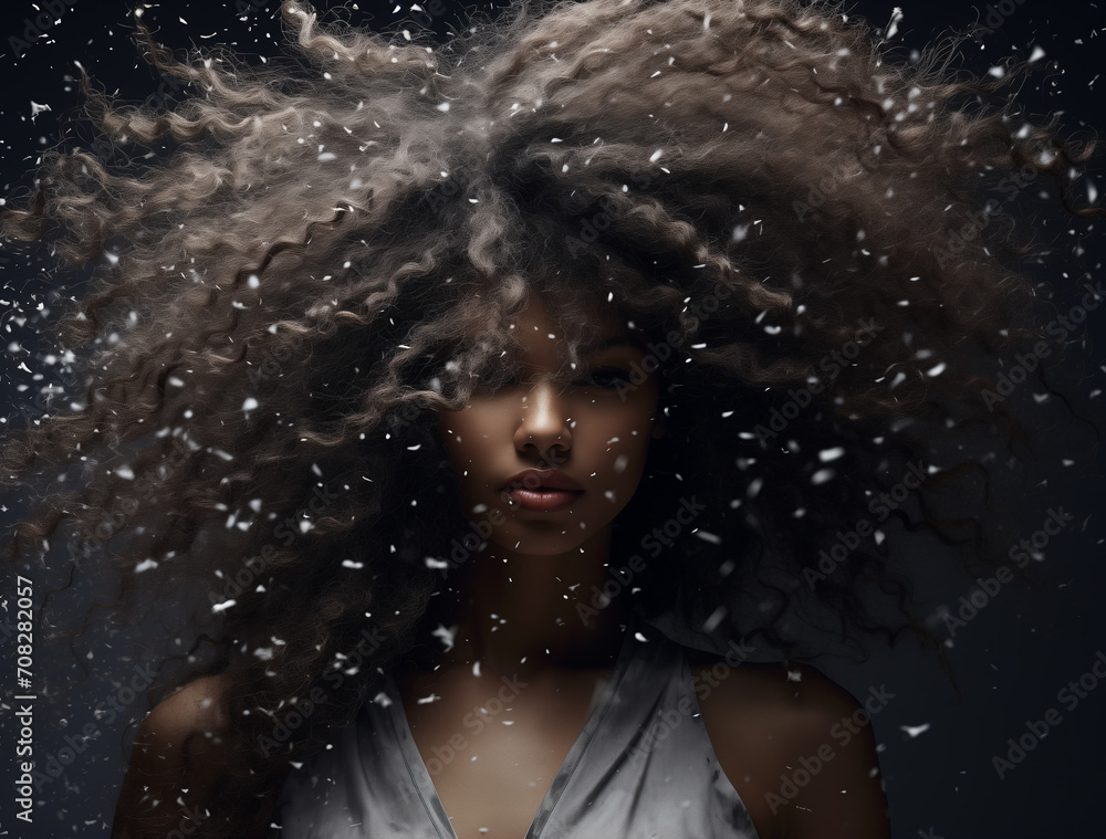 Obraz premium Portrait of a woman with messy, dandruff-filled hair.Minimlal creative shampoo and hair cosmetic advertise concept.Copy space,top view.Generative Ai
