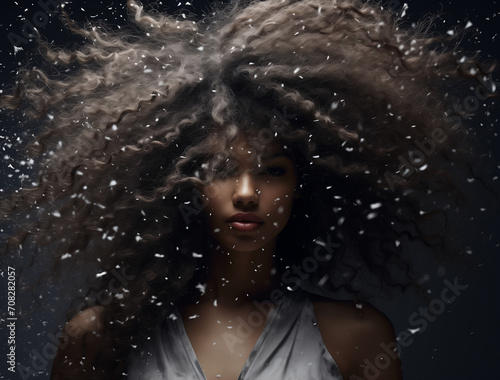 Portrait of a woman with messy  dandruff-filled hair.Minimlal creative shampoo and hair cosmetic advertise concept.Copy space top view.Generative Ai