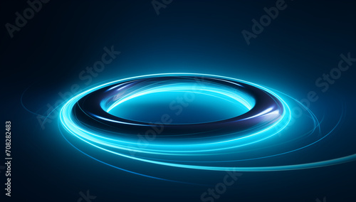 abstract blue background with blue neon circles.Minimal advertise concept.Flat lay,top view.,copy space.Generative AI