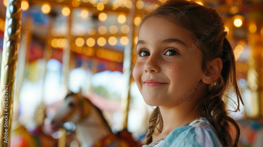 a cute young kid girl on merry go round carousel horse in an amusement park in the park in summer with sunny daylight. wallpaper background 16:9 a cute young kid girl on merry go round carousel horse in an amusement park in the park in summer with sunny daylight. wallpaper background 16:9