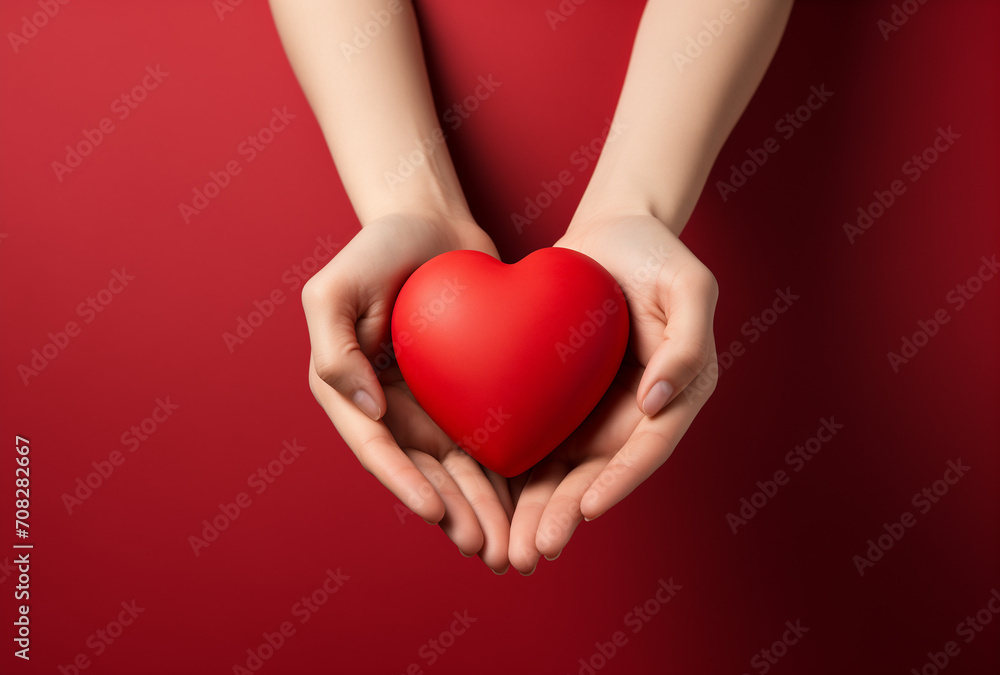 heart in hands.Minimal creative emotional valentines concept.Copy space,top view,flat lay.Generative AI heart in hands.Minimal creative emotional valentines concept.Copy space,top view,flat lay.Generative AI
