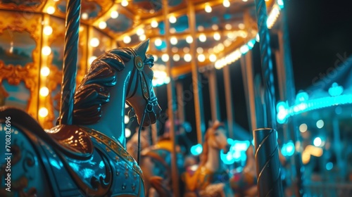 merry go round carousel in an amusement park in the dark evening night. blurry wallpaper background 16:9 photo