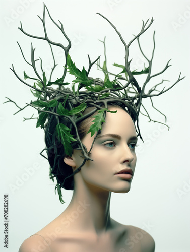 portrait of a woman With branches and leaves around the head.Minimal creative nature concept.Copy space.Generative AI