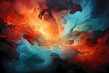 Turquoise and crimson liquids collide in a burst of energy, creating a visually stunning and intense abstract display that sparks the imagination.