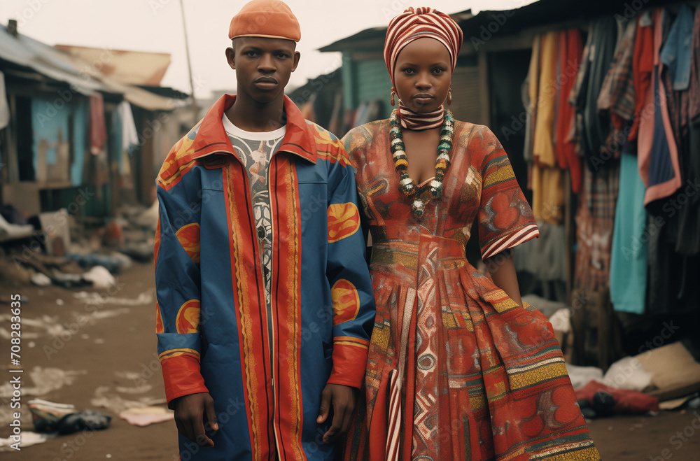 Young couple in an African village.Minimal fashion concept.Generative AI