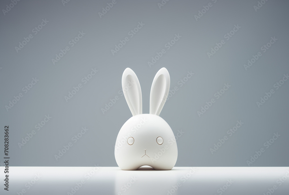 White rabbit toy on white background.Minimal creative art and toy concept.Copy space,top view.Generative AI White rabbit toy on white background.Minimal creative art and toy concept.Copy space,top view.Generative AI