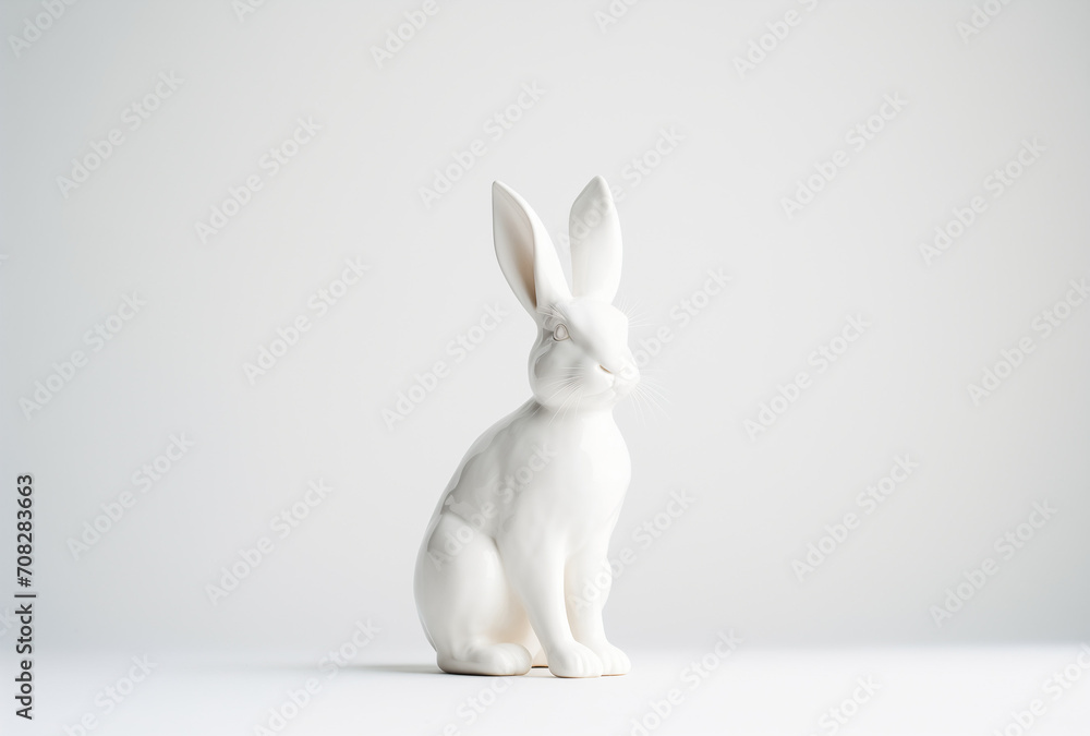 Porcelain white rabbit on white background.Minimal creative art concept.Copy space,top view.Generative AI Porcelain white rabbit on white background.Minimal creative art concept.Copy space,top view.Generative AI