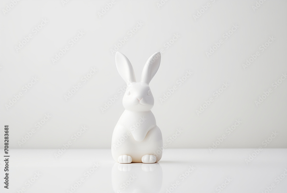 Porcelain white rabbit on white background.Minimal creative art concept.Copy space,top view.Generative AI