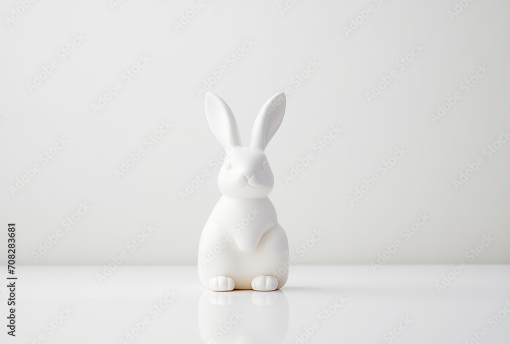 Porcelain white rabbit on white background.Minimal creative art concept.Copy space,top view.Generative AI Porcelain white rabbit on white background.Minimal creative art concept.Copy space,top view.Generative AI