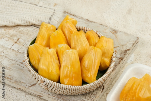 Ripe jackfruit peeled or buah nangka ,tropical fruit on white background photo
